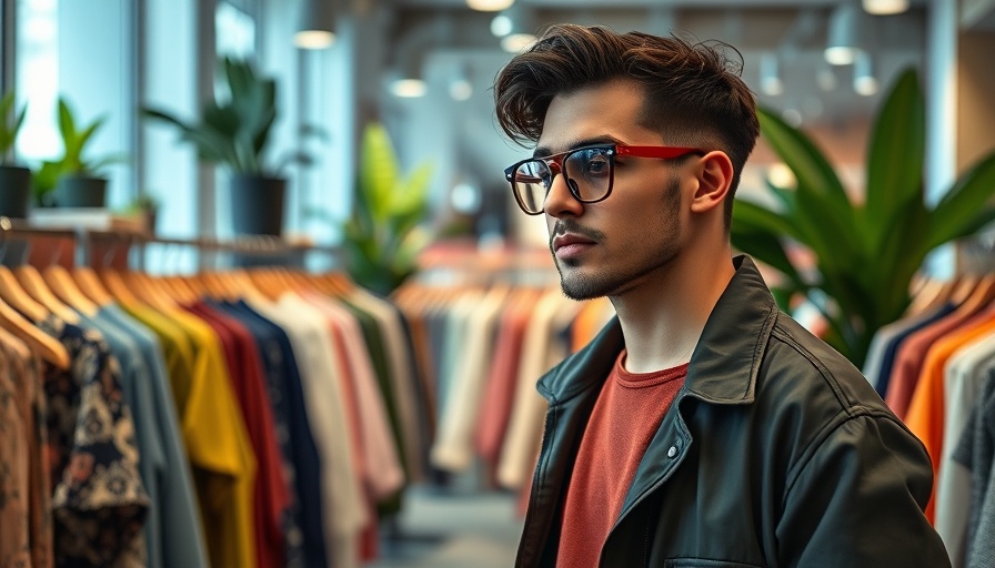 Stylish man in clothing store promoting your blog concept.