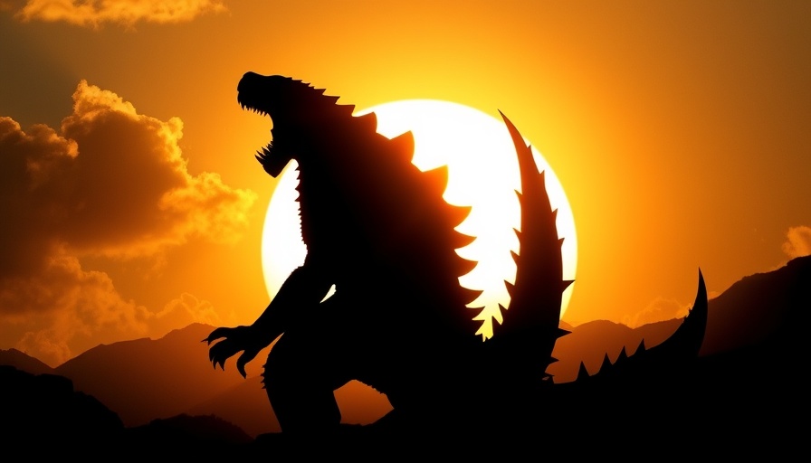 Silhouette of a giant monster at sunset, new Godzilla movies on YouTube backdrop.