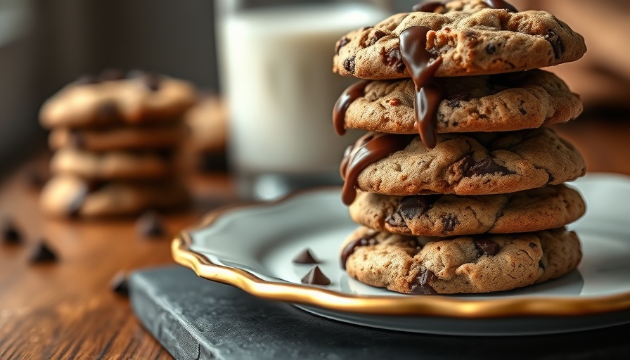Bakery style chocolate chunk cookies stacked on a plate with chocolate chunks.
