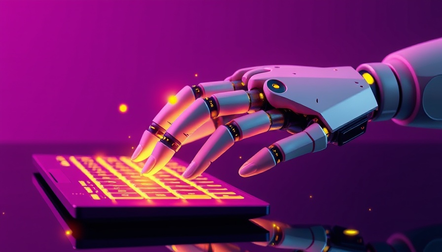 Futuristic robotic hand using a digital keyboard for AI content creation tools.