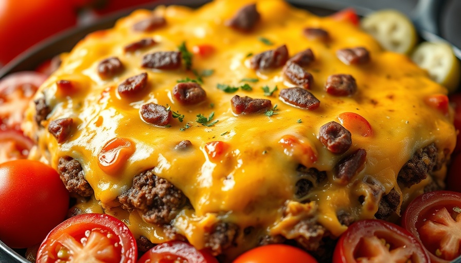 Loaded cheeseburger casserole with melted cheese and pickles.