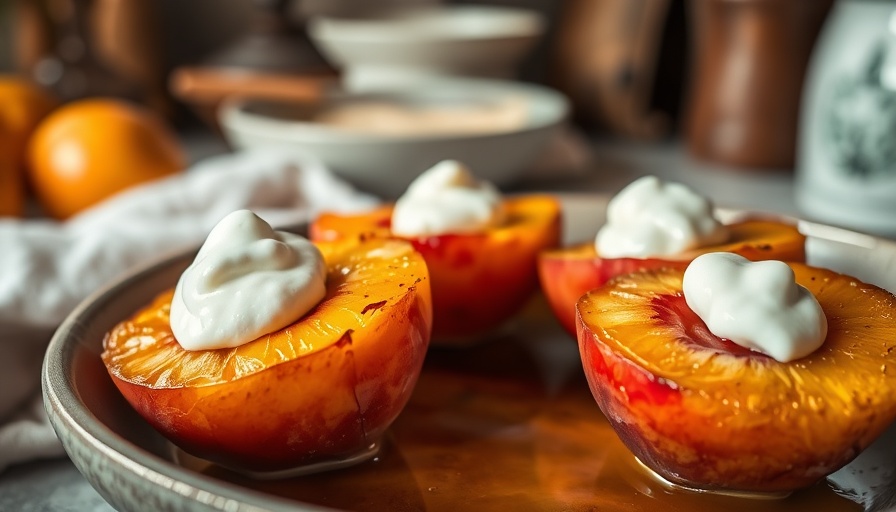 Late summer roasted peaches dessert on a table.