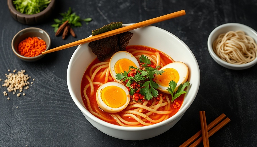 15-minute sriracha ramen noodles with eggs and garnishes.