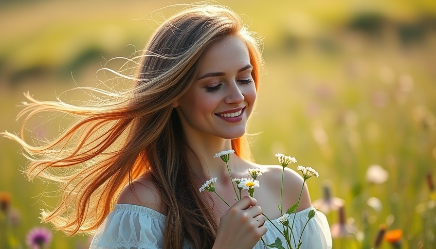 Woman in meadow holding wildflowers, serene scene promoting breast health routine.