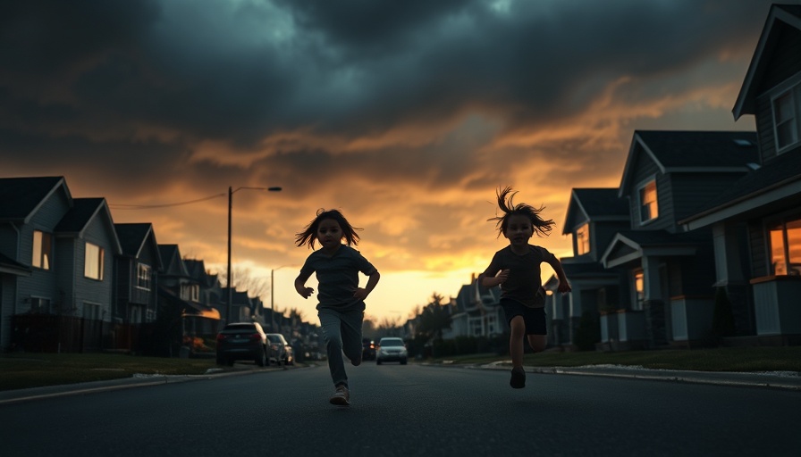 Dramatic scene with silhouetted children running in a suburban area, capturing the essence of a thriller atmosphere, weapons movie prequel analysis.