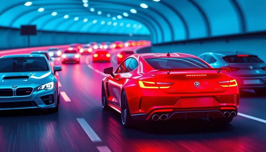 Innovative iOS 26 design shown with abstract roads and glowing red car.
