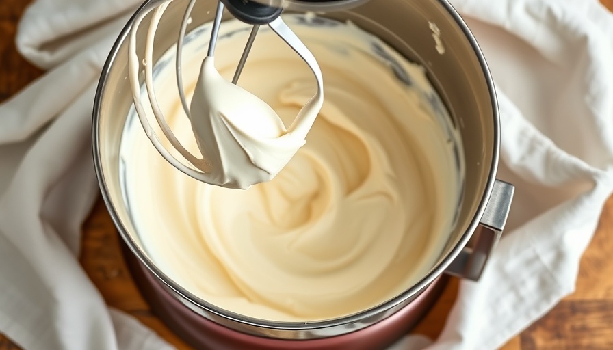 Creamy cream cheese frosting in a mixer bowl.