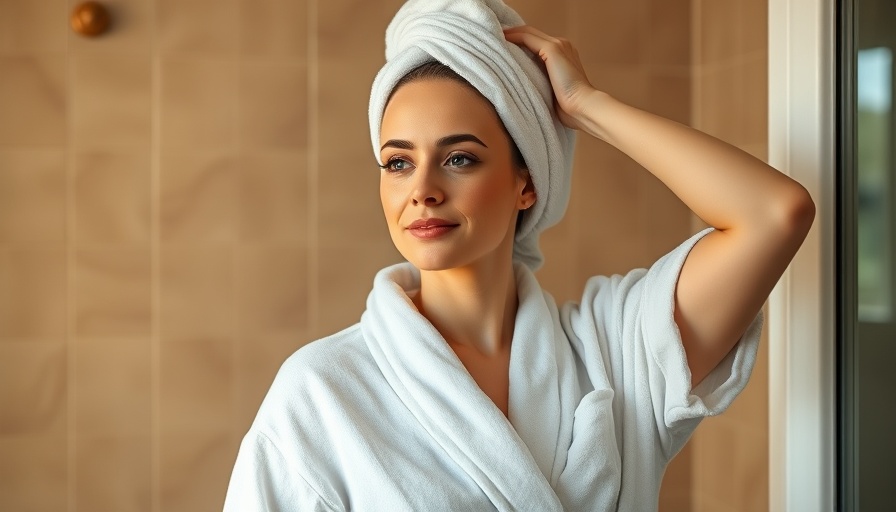 Woman in bathrobe with towel in serene bathroom.