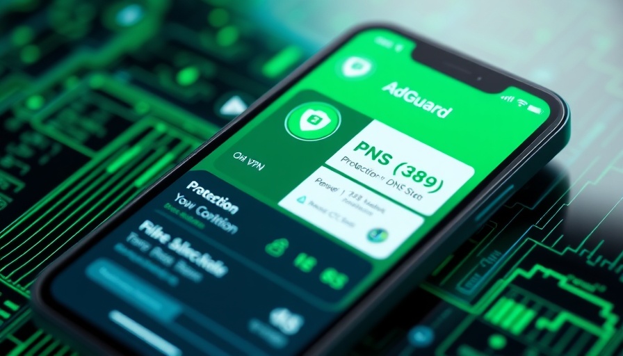 AdGuard VPN app on smartphone with cybersecurity features.