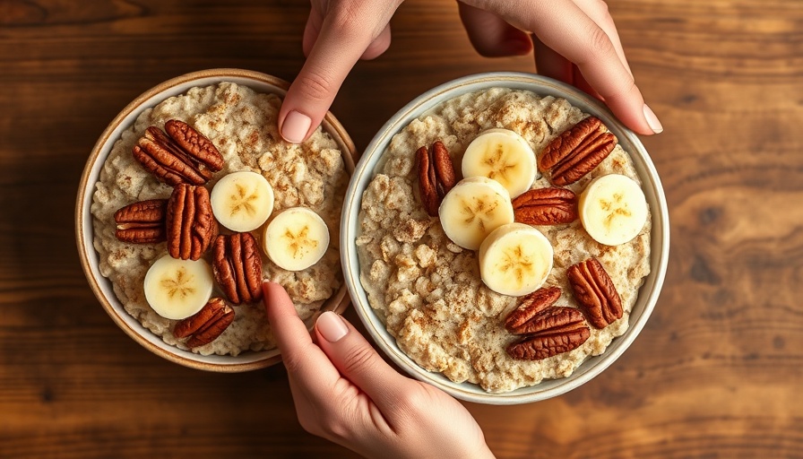 Anti-inflammatory breakfast with oatmeal, banana, pecans, cinnamon.
