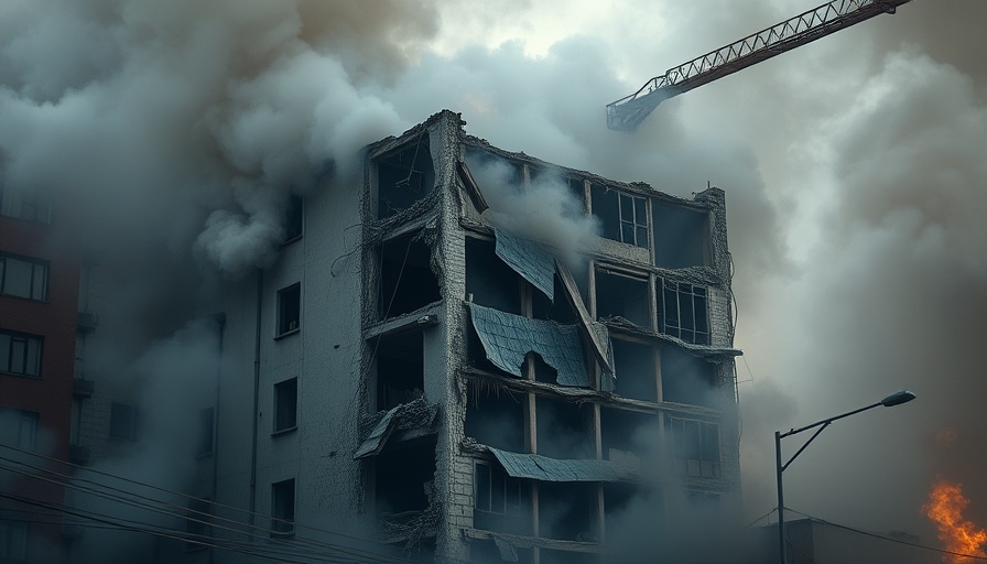 Impact of Russia's offensive on Ukraine: damaged building with smoke and firefighter.