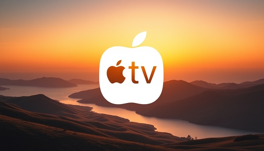 Apple TV+ logo over serene sunset landscape, reflecting on water.