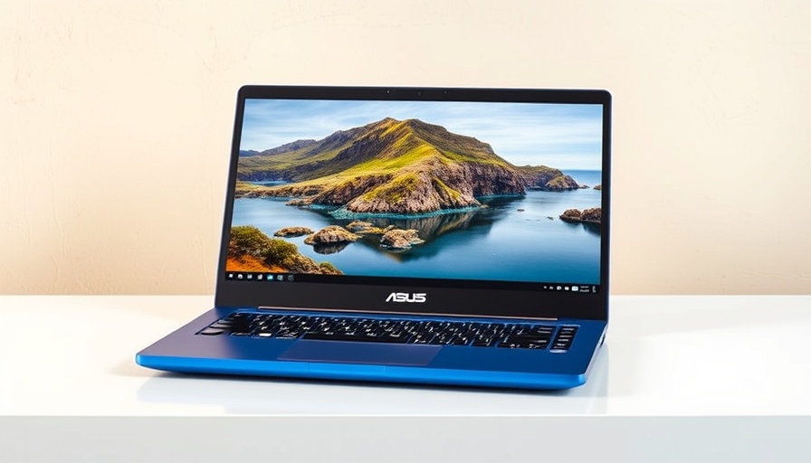 Sleek blue Asus CX15 Chromebook displaying landscape in natural lighting.