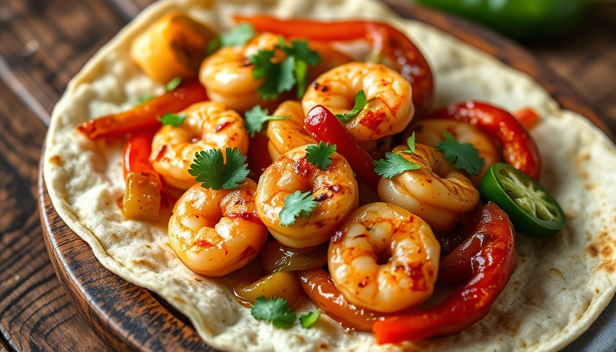 Sizzling shrimp fajitas with cilantro and jalapenos in a tortilla.