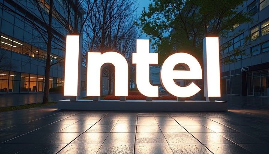 Illuminated Intel sign reflecting on wet pavement at dusk.