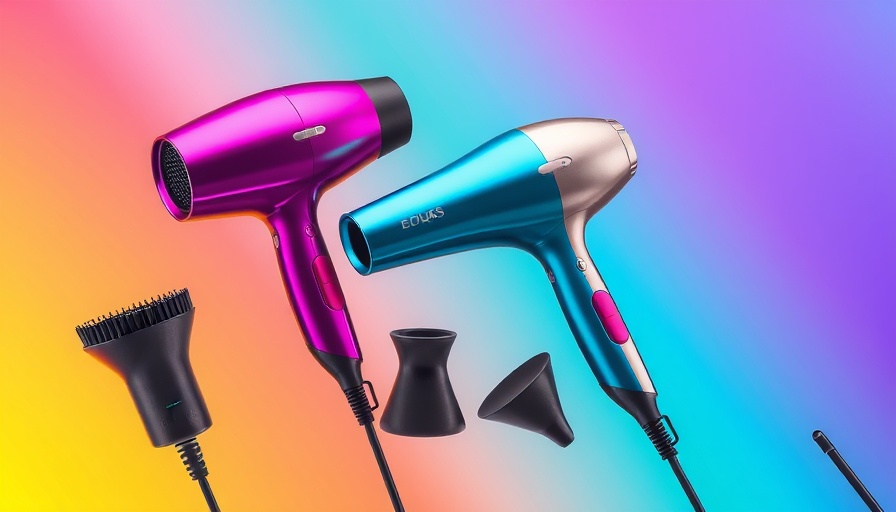 Modern hair dryers with attachments on a colorful gradient background.