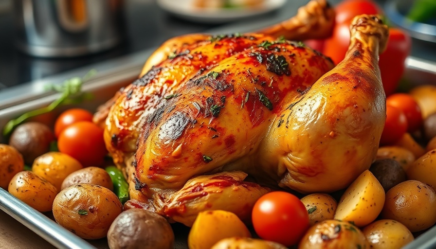 Easy Greek sheet pan chicken recipe with vegetables on a tray.