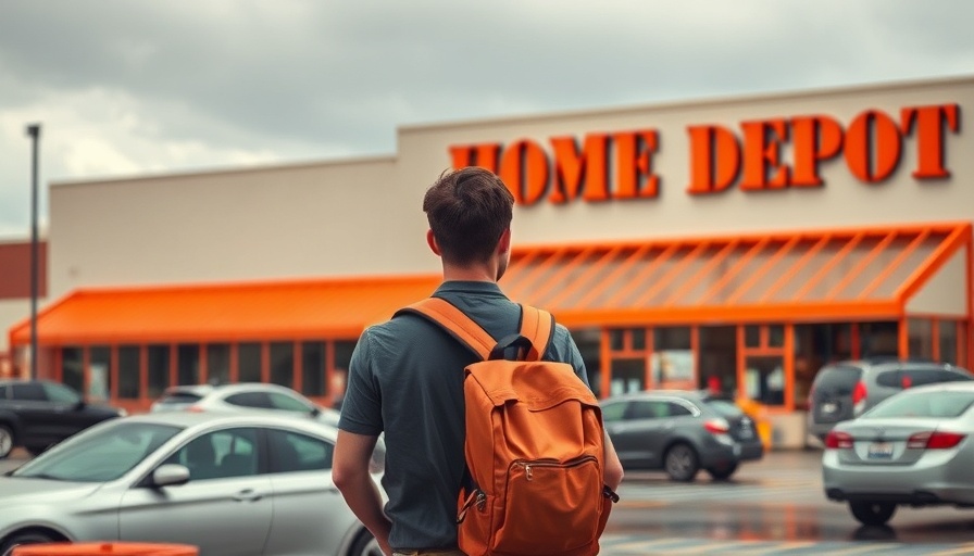 Man with backpack facing Home Depot in a parking lot, Home Depot immigration enforcement.