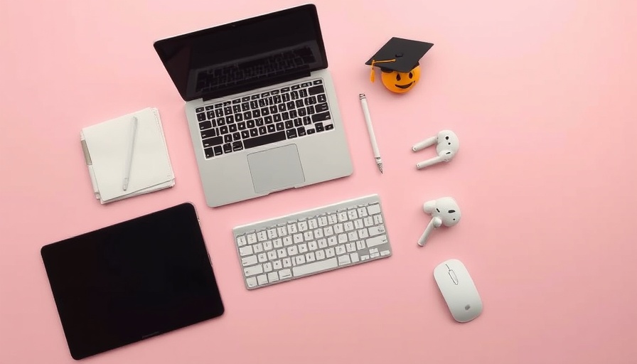 Apple products for students displayed on a pink background.