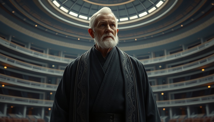 Elderly man in a futuristic robe in a grand council chamber.