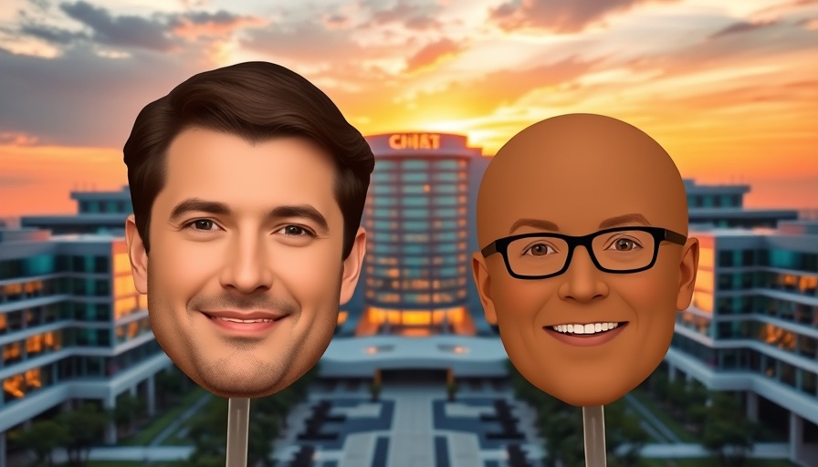 Two prominent figures' faces over tech campus at sunset.