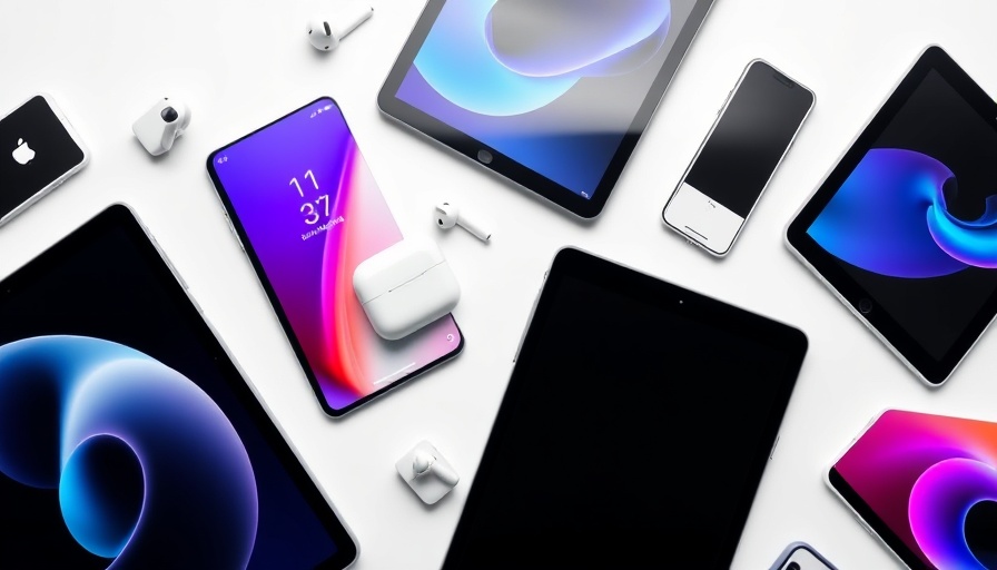 Apple device lineup featuring iPads and AirPods, sleek tech display.