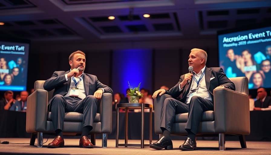 Conference discussion between two men, event backdrop.