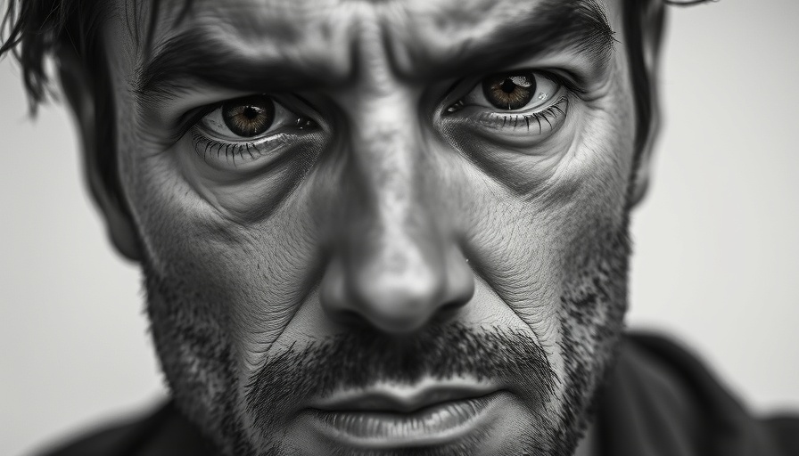 Close-up of a man with intense expression, black and white photograph.