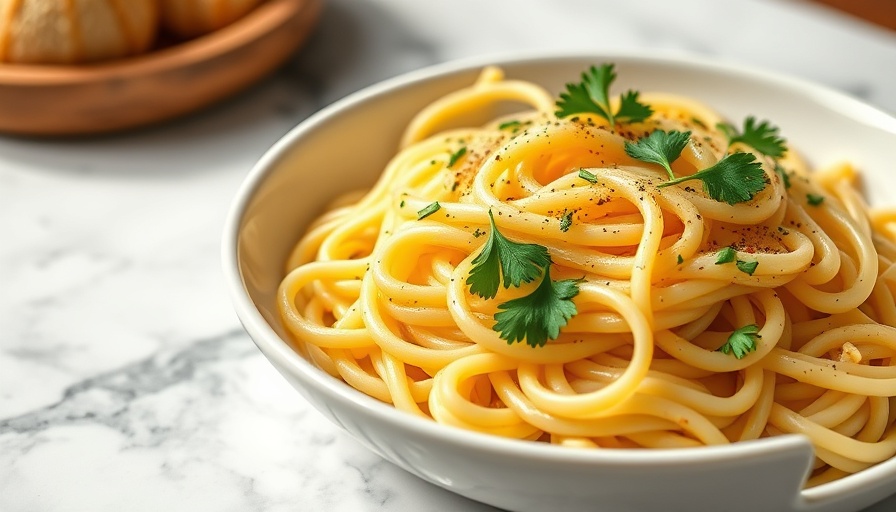 Hearty buttered noodles recipe in a white bowl, garnished with parsley.
