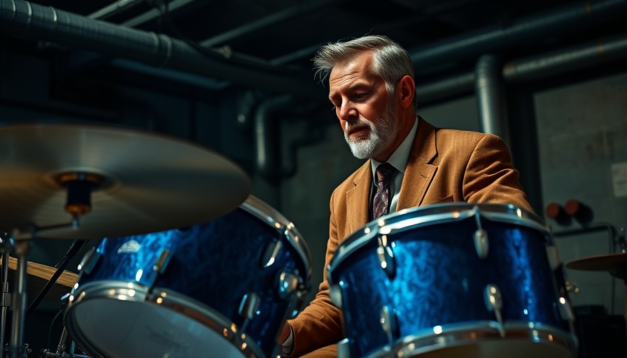 Man in a brown suit playing drums in an industrial room, male loneliness movie theme.