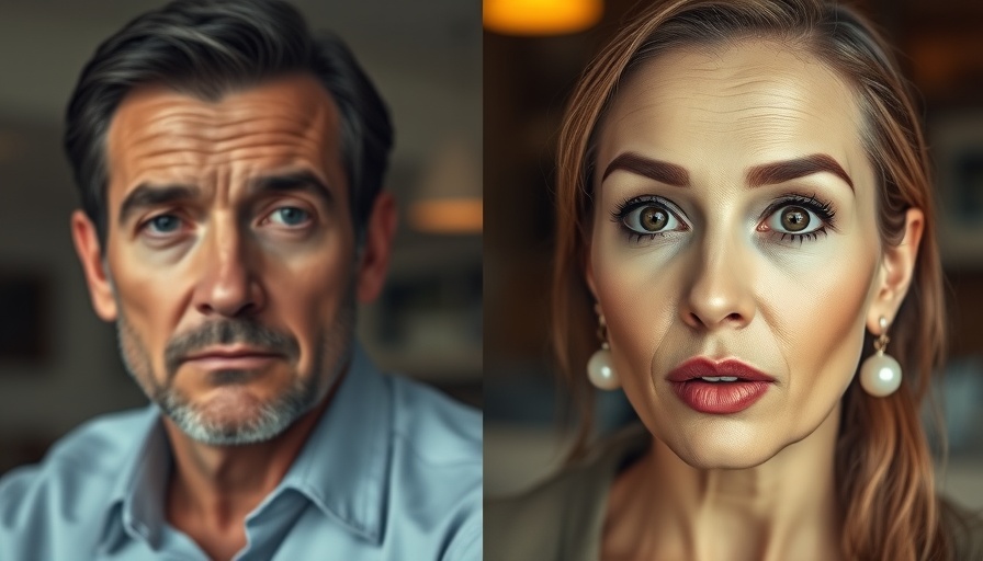 Serious man and expressive woman in split screen photo.