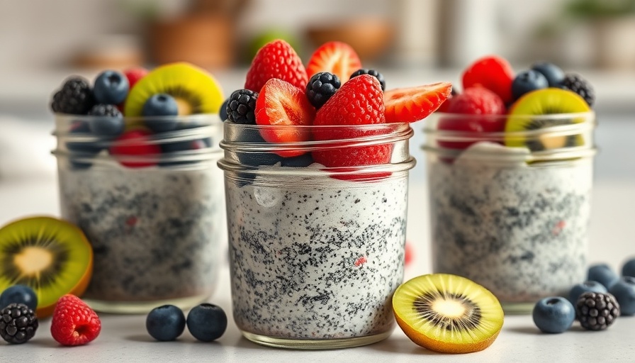 Chia seed pudding variations in mason jars with fresh berries.