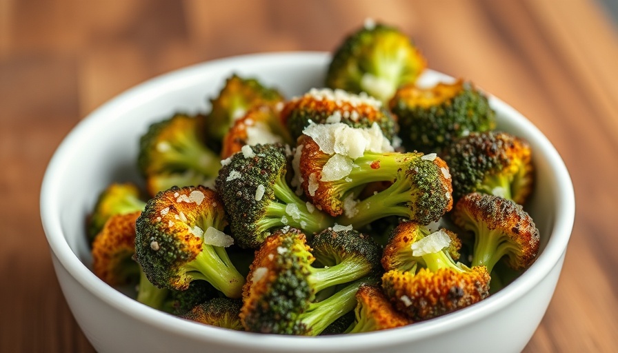 Roasted Parmesan Broccoli in bowl on wooden counter