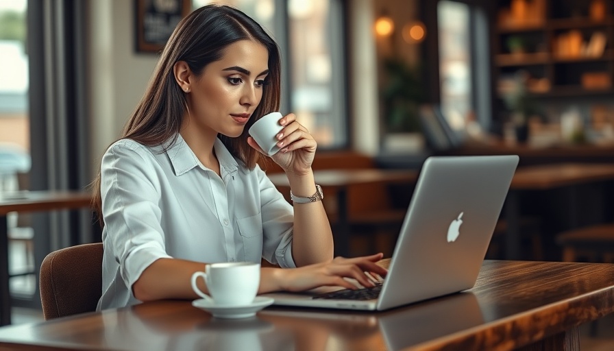 Focused woman working on laptop at cafe, career development programs for small businesses.