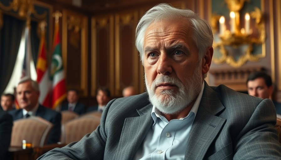 Elderly male figure discussing in ornate room with flags, related to Trump legal battle Fed Governor dismissal.