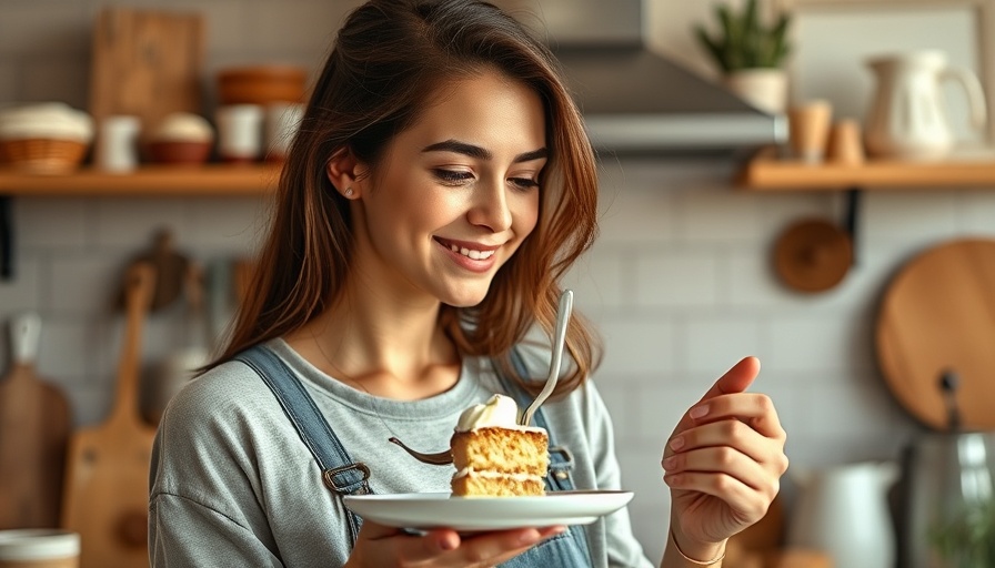 Woman enjoying cake in cozy kitchen, related to sugar cravings and gut health.