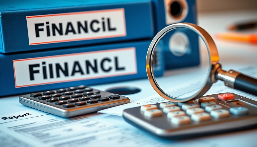 Financial statement analysis with documents, calculator, and magnifier.