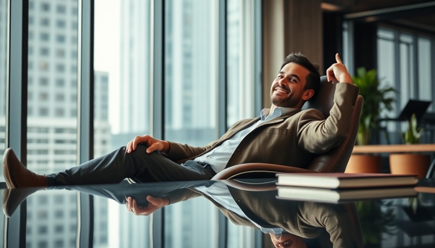 Techbro villain lounging confidently in a modern office.