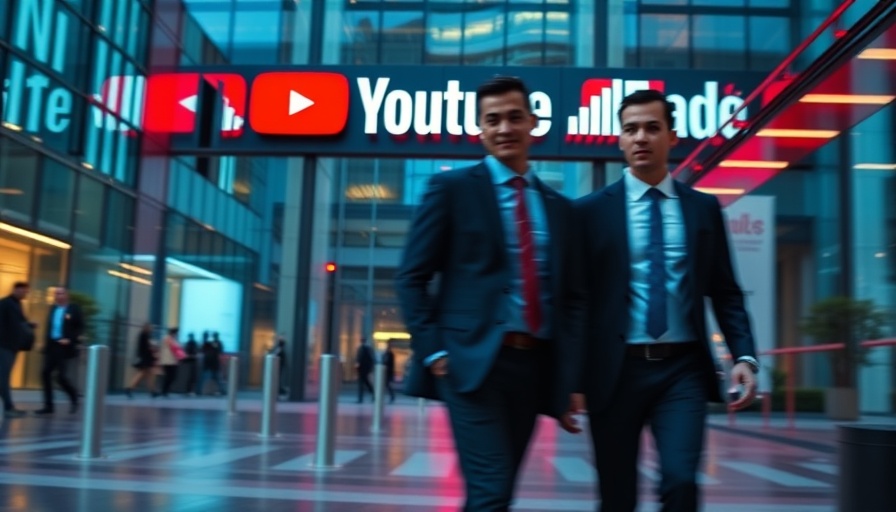 Dynamic office scene with YouTube logo and walking businessmen, YouTube strategies for entrepreneurs.