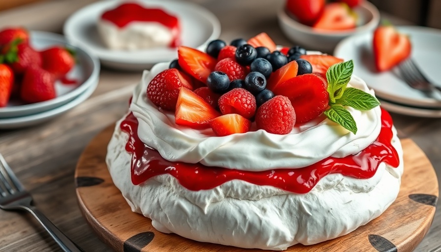 Labor Day desserts for families: fruit pavlova on a wooden table.