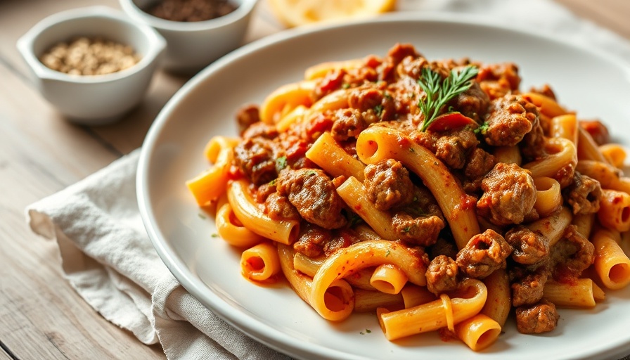 Homemade Beefaroni dish on rustic white plate with napkin, photorealistic.