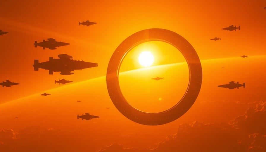 Spaceships in dramatic orange space ending scene