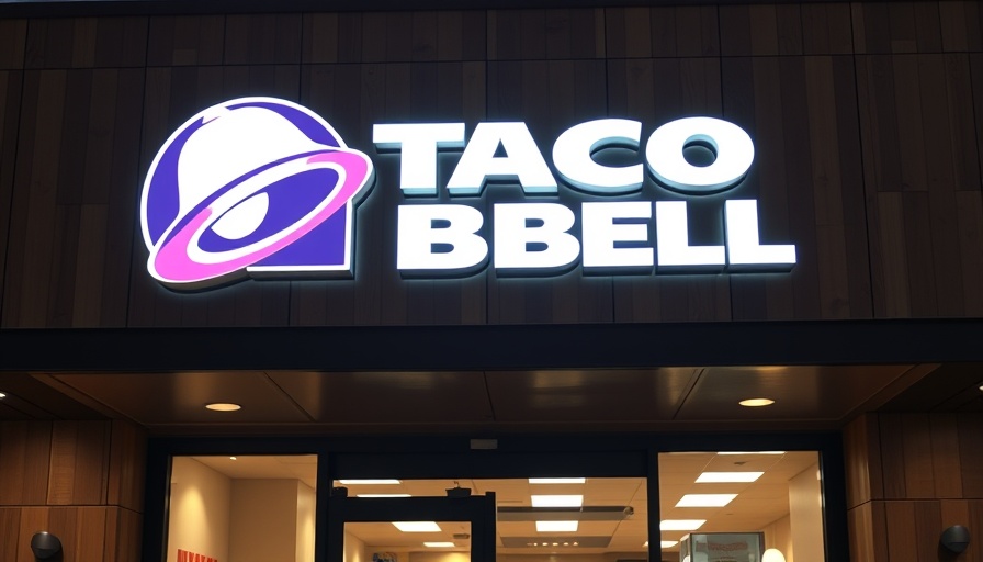 Taco Bell sign on wood-paneled storefront highlighting AI at drive-throughs.