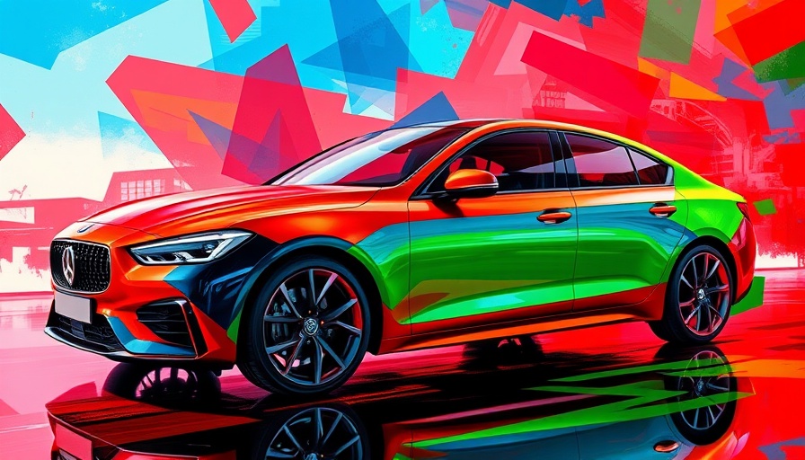 Vibrant abstract car artwork illustrating Fisker downfall in electric vehicles.