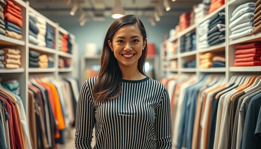 Woman in store with effective floor plan, smiling confidently.