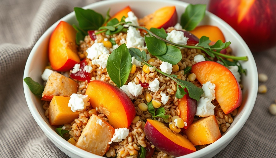 Colorful summer peach farro salad with peaches, arugula, and feta.