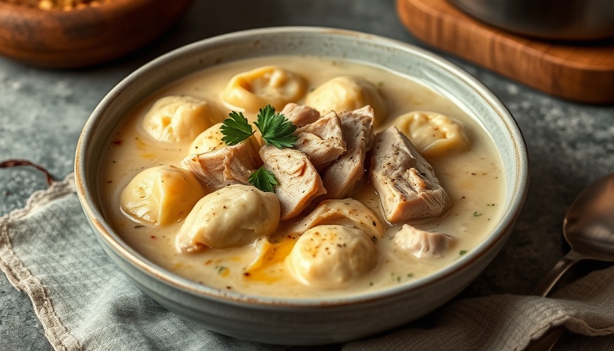 Chicken and dumplings recipe in a bowl with creamy broth and parsley.