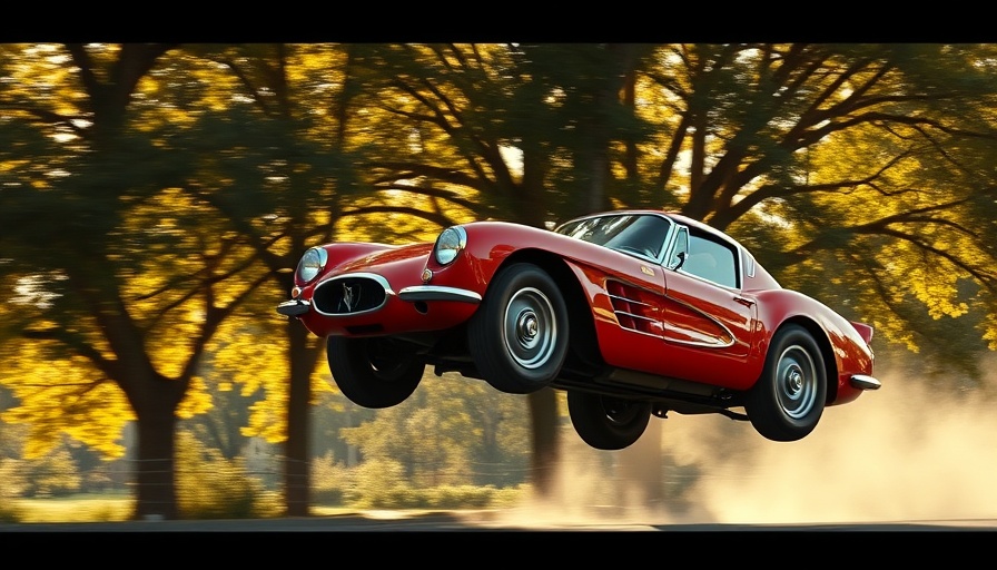 Dramatic scene of a red sports car in mid-air from Ferris Bueller's Day Off.