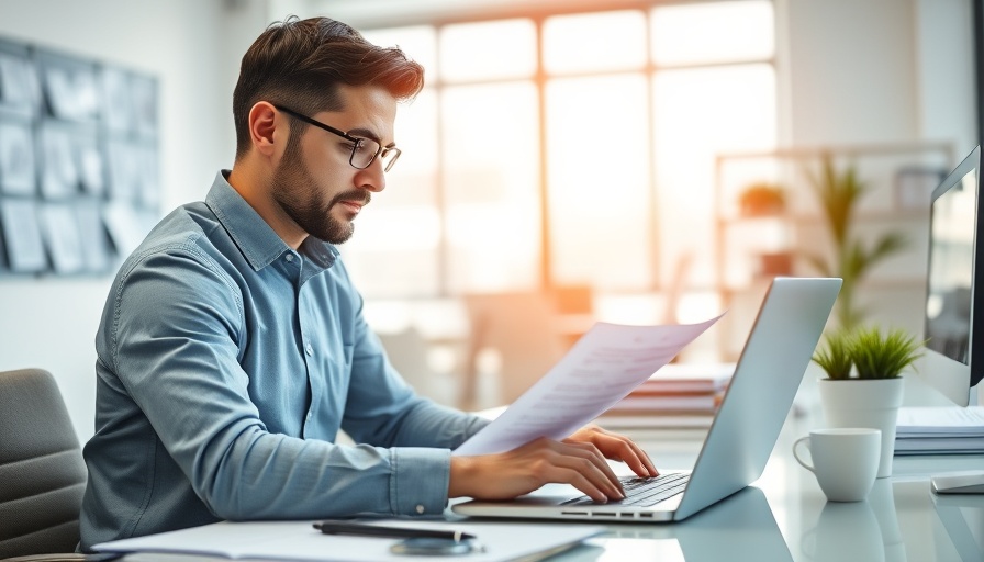 Business professional reviewing business plan examples on documents and laptop.