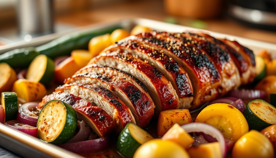 Sheet pan pork tenderloin with roasted veggies, close-up view.